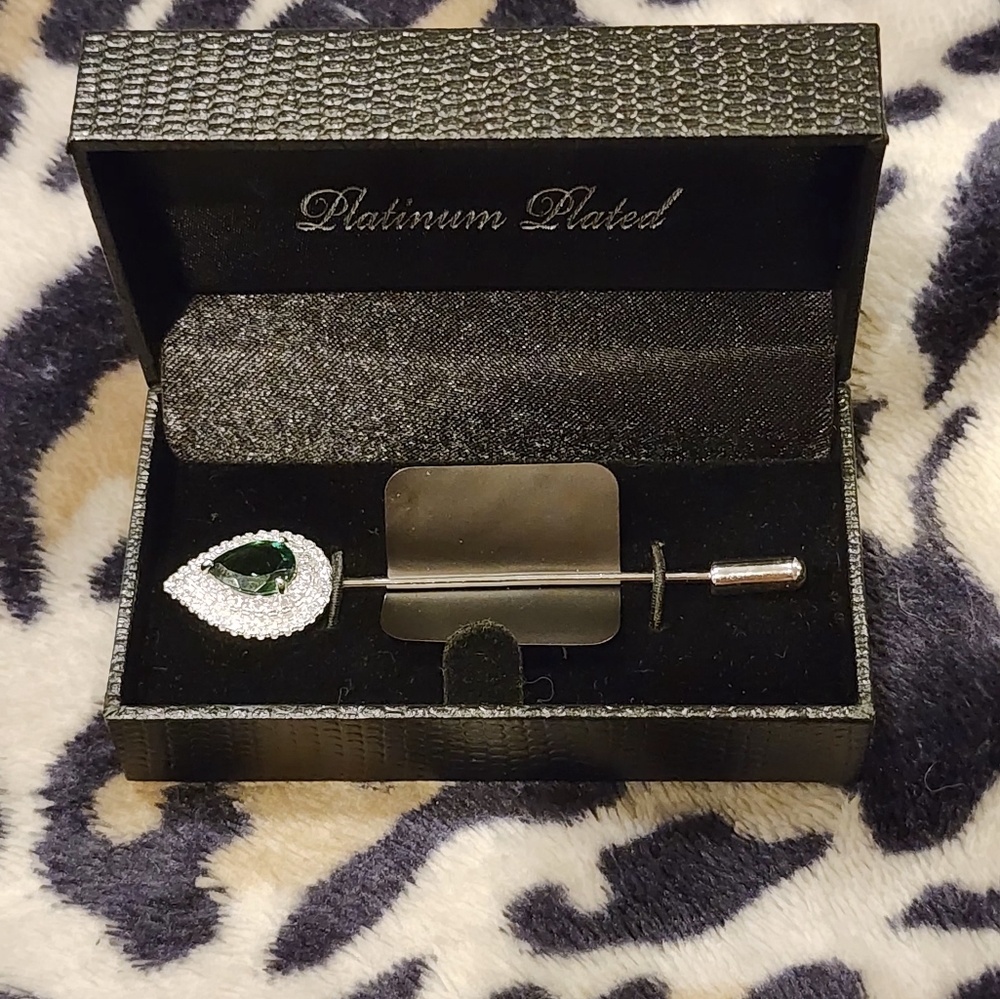 Platinum Plated Eye Brooch with Green and Silver Accents